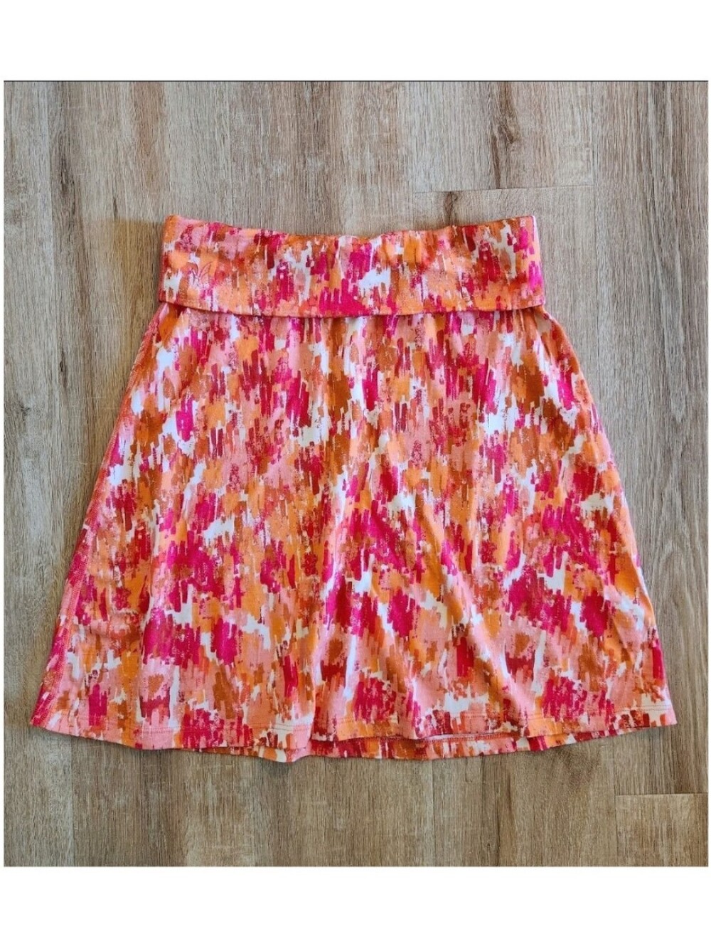 Ibex Merino Wool Daybreak Orange Brushes Abstract Print Voyage Skirt Size Small
